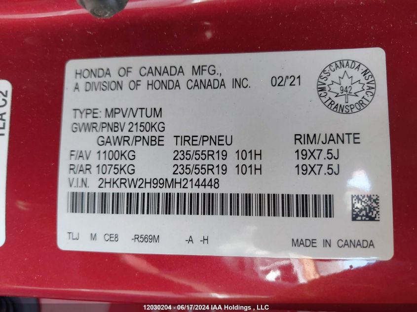 2021 Honda Cr-V Touring VIN: 2HKRW2H99MH214448 Lot: 12030204