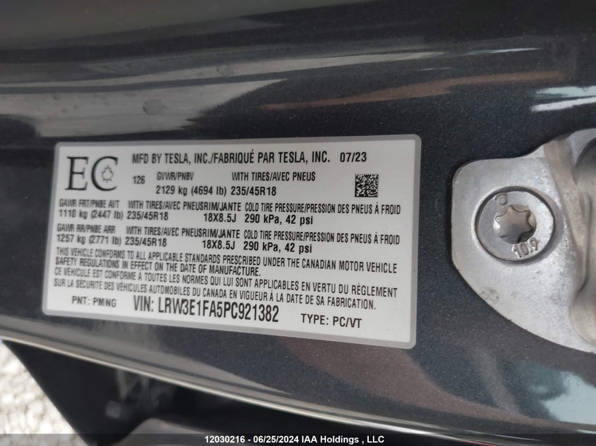 2023 Tesla Model 3 VIN: LRW3E1FA5PC921382 Lot: 12030216