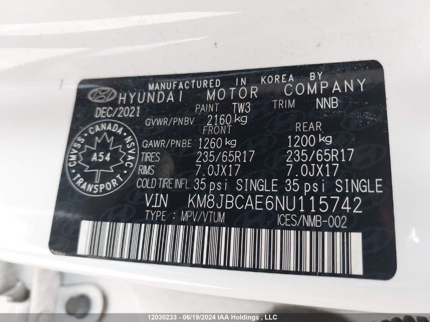 2022 Hyundai Tucson Sel VIN: KM8JBCAE6NU115742 Lot: 12030233