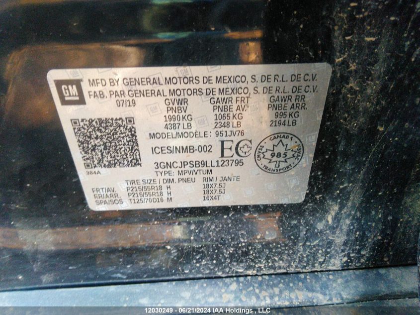 2020 Chevrolet Trax VIN: 3GNCJPSB9LL123795 Lot: 12030249