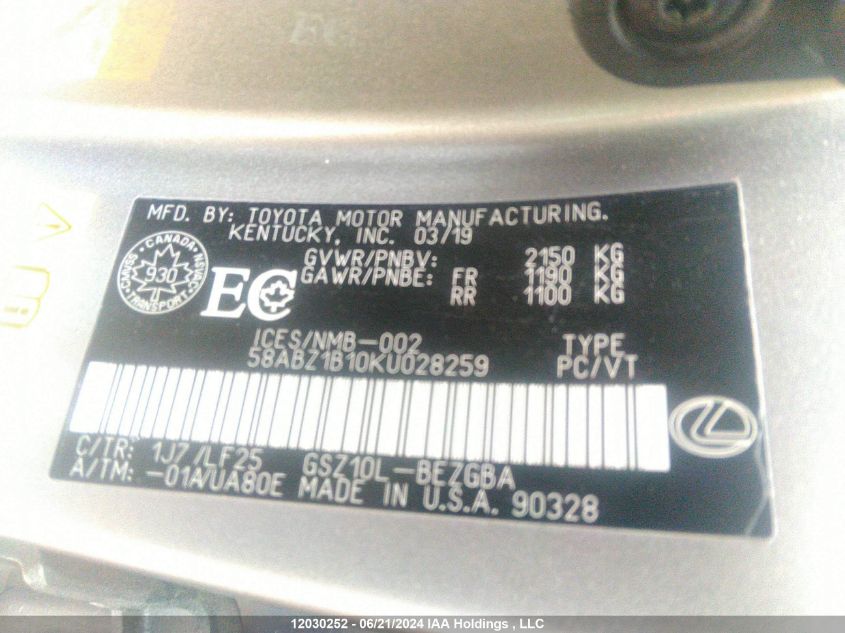 2019 Lexus Es 350 Premium/Signature VIN: 58ABZ1B10KU028259 Lot: 12030252