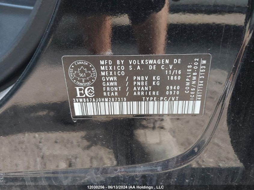 2017 Volkswagen Jetta Se VIN: 3VWB67AJ0HM287319 Lot: 12030256