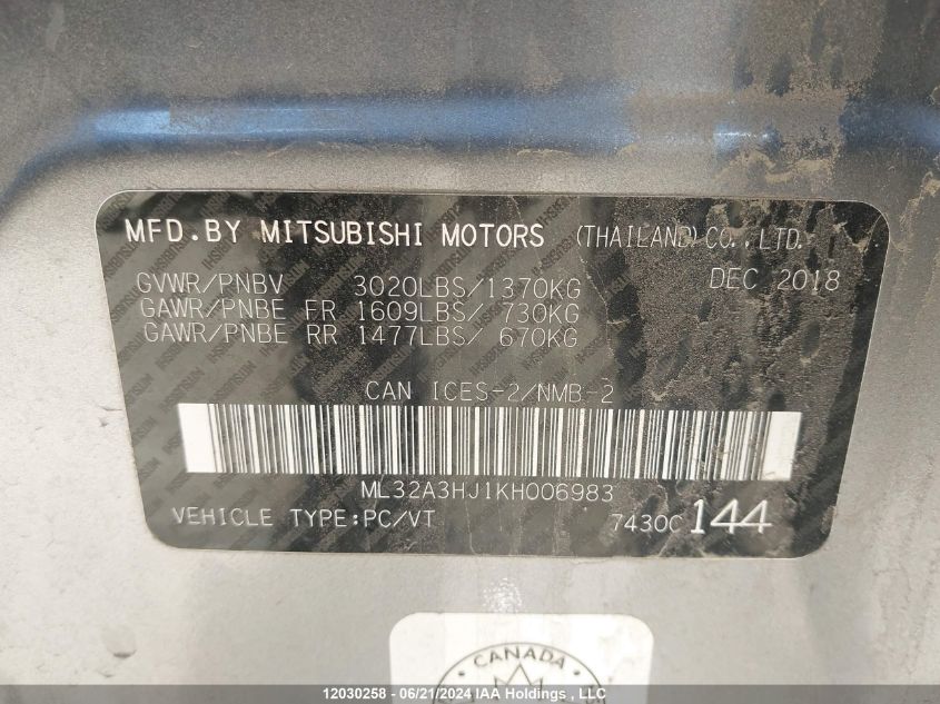 2019 Mitsubishi Mirage VIN: ML32A3HJ1KH006983 Lot: 12030258