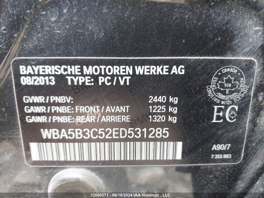 2014 BMW 5 Series VIN: WBA5B3C52ED531285 Lot: 12030271