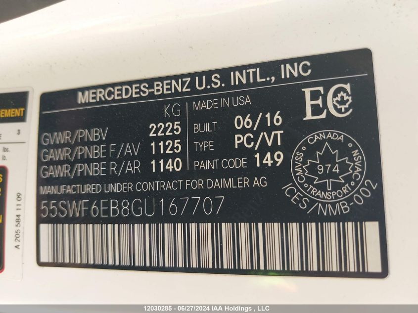 2016 Mercedes-Benz C-Class VIN: 55SWF6EB8GU167707 Lot: 12030285