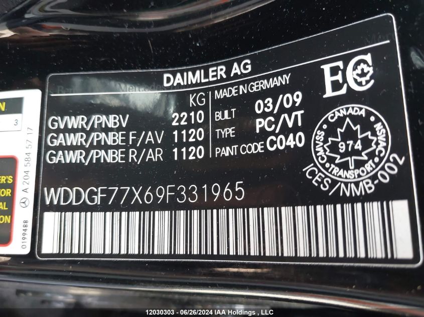 2009 Mercedes-Benz C 63 Amg VIN: WDDGF77X69F331965 Lot: 12030303