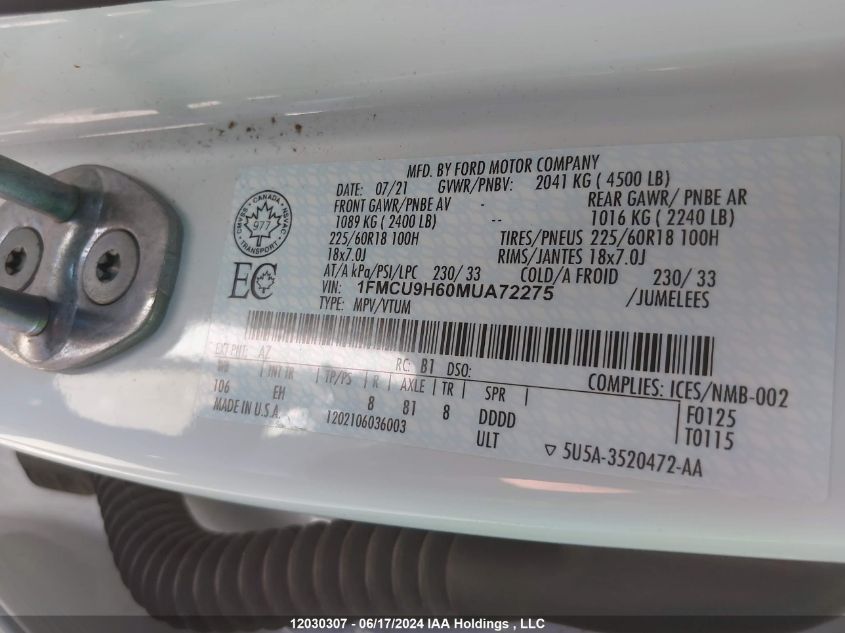 2021 Ford Escape Sel VIN: 1FMCU9H60MUA72275 Lot: 12030307