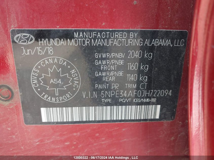 2018 Hyundai Sonata 2.4 Sport VIN: 5NPE34AF0JH722094 Lot: 12030322