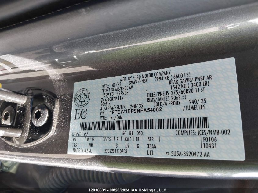 2022 Ford F-150 Lariat VIN: 1FTEW1EP9NFA54062 Lot: 12030331