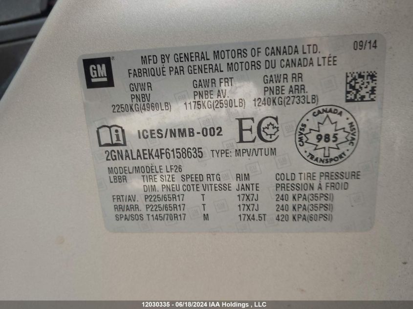 2015 Chevrolet Equinox VIN: 2GNALAEK4F6158635 Lot: 12030335