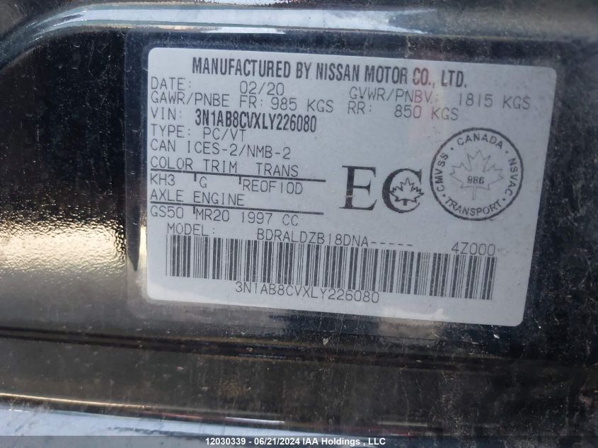 2020 Nissan Sentra VIN: 3N1AB8CVXLY226080 Lot: 12030339