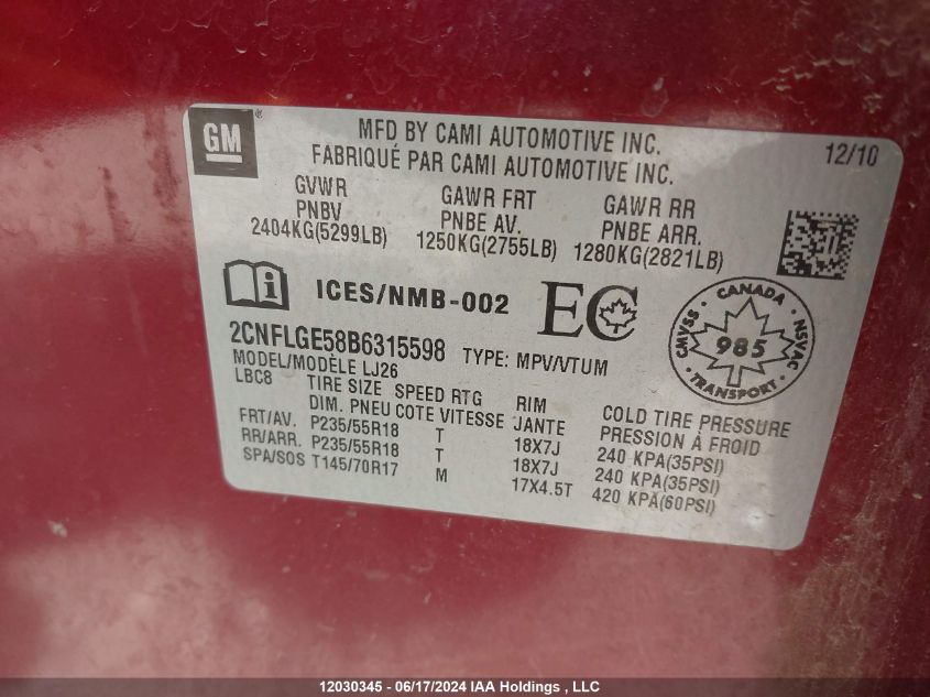 2011 Chevrolet Equinox VIN: 2CNFLGE58B6315598 Lot: 12030345