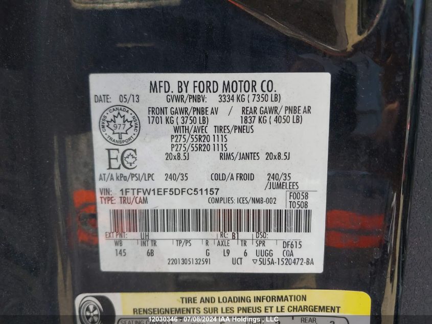 2013 Ford F150 Supercrew VIN: 1FTFW1EF5DFC51157 Lot: 12030346