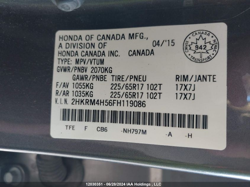 2015 Honda Cr-V Ex VIN: 2HKRM4H56FH119086 Lot: 12030351