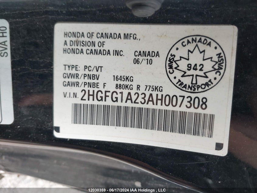 2010 Honda Civic VIN: 2HGFG1A23AH007308 Lot: 12030359