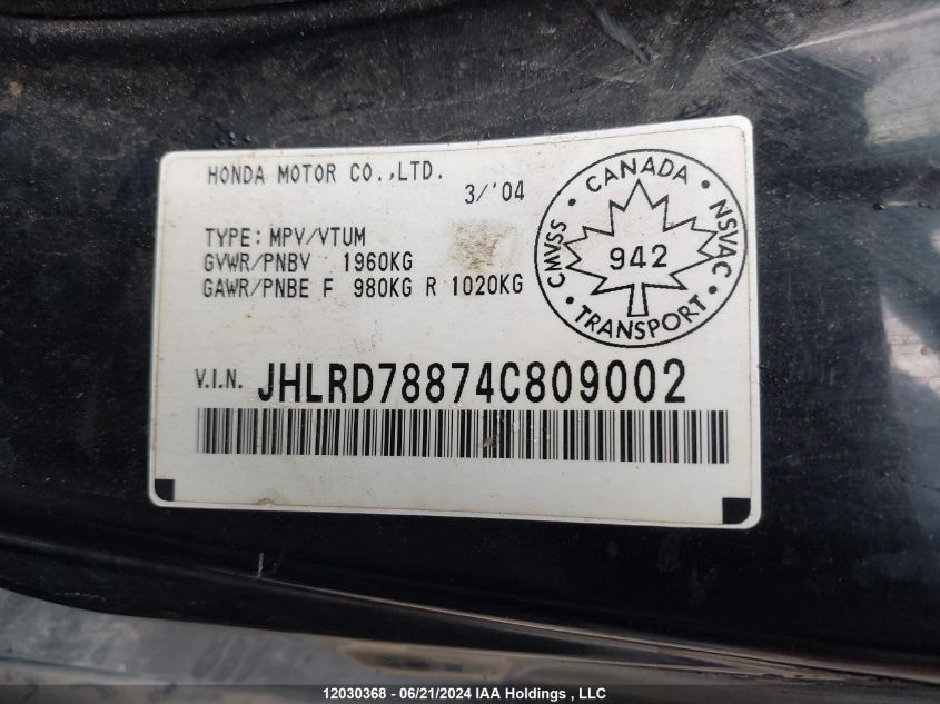 2004 Honda Cr-V Ex VIN: JHLRD78874C809002 Lot: 12030368