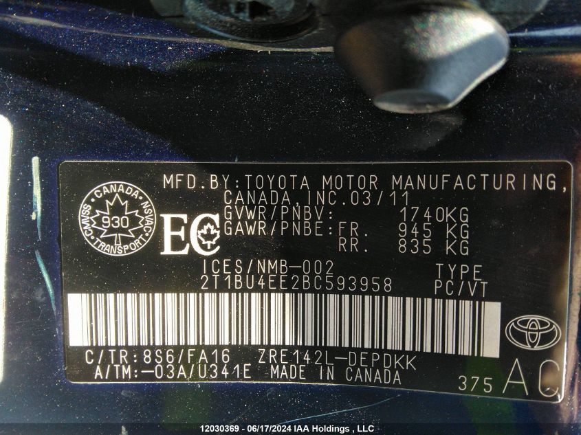 2011 Toyota Corolla VIN: 2T1BU4EE2BC593958 Lot: 12030369