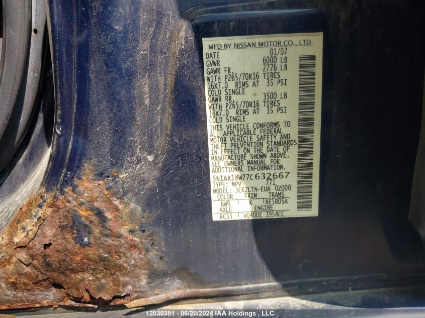 2007 Nissan Pathfinder Se VIN: 5N1AR18W77C632667 Lot: 12030381