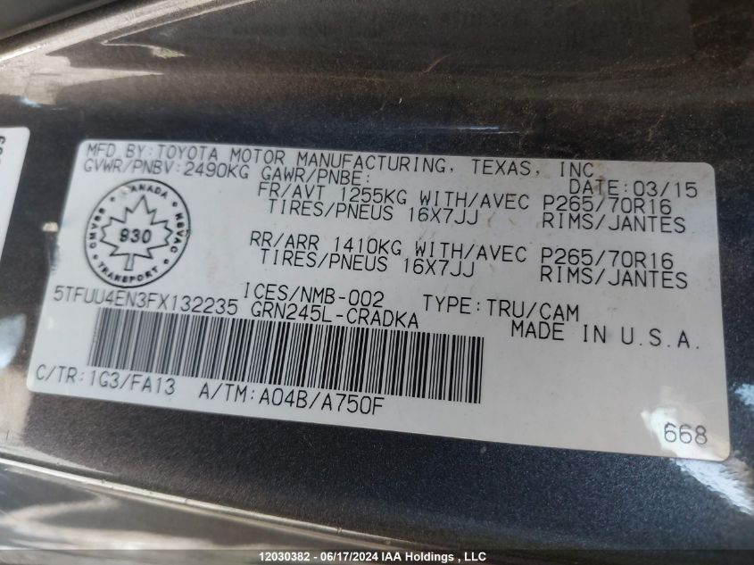 2015 Toyota Tacoma Base V6 VIN: 5TFUU4EN3FX132235 Lot: 12030382