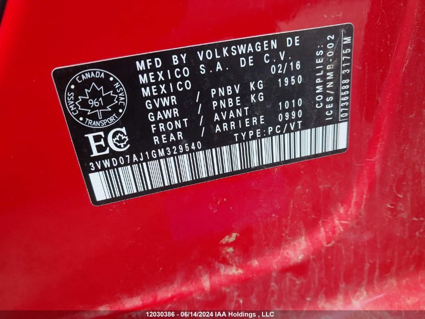 2016 Volkswagen Jetta Comfortline VIN: 3VWD07AJ1GM329540 Lot: 12030386