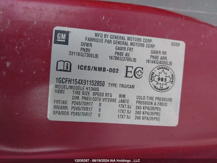 2009 Chevrolet Express Cargo VIN: 1GCFH154X91152850 Lot: 12030387
