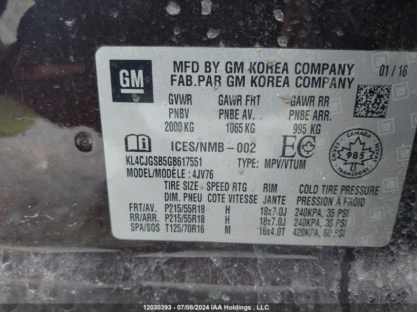 2016 Buick Encore VIN: KL4CJGSB5GB617551 Lot: 12030393