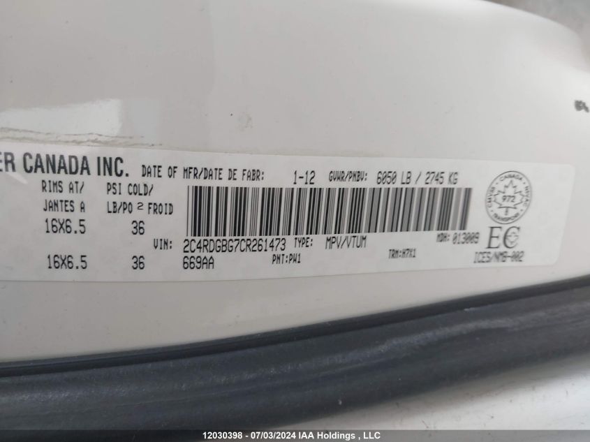 2012 Dodge Grand Caravan VIN: 2C4RDGBG7CR261473 Lot: 12030398