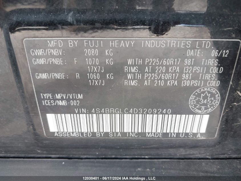 2013 Subaru Legacy Outback VIN: 4S4BRGLC4D3209240 Lot: 12030401