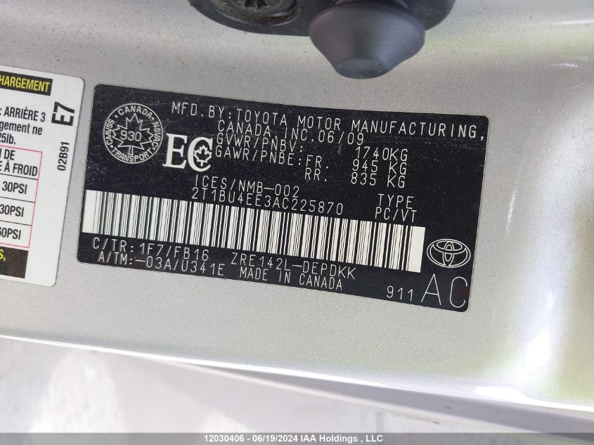 2010 Toyota Corolla S/Le/Xle VIN: 2T1BU4EE3AC225870 Lot: 12030406