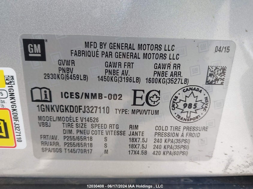 2015 Chevrolet Traverse VIN: 1GNKVGKD0FJ327110 Lot: 12030408