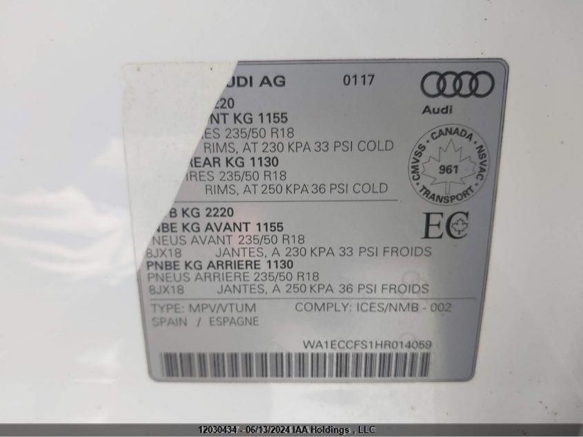 2017 Audi Q3 VIN: WA1ECCFS1HR014059 Lot: 12030434