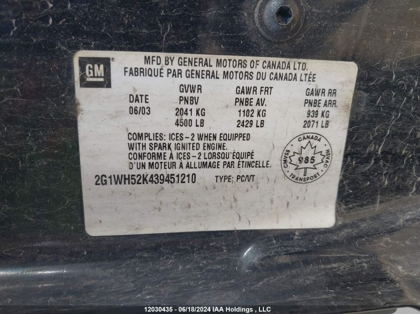 2003 Chevrolet Impala VIN: 2G1WH52K439451210 Lot: 12030435