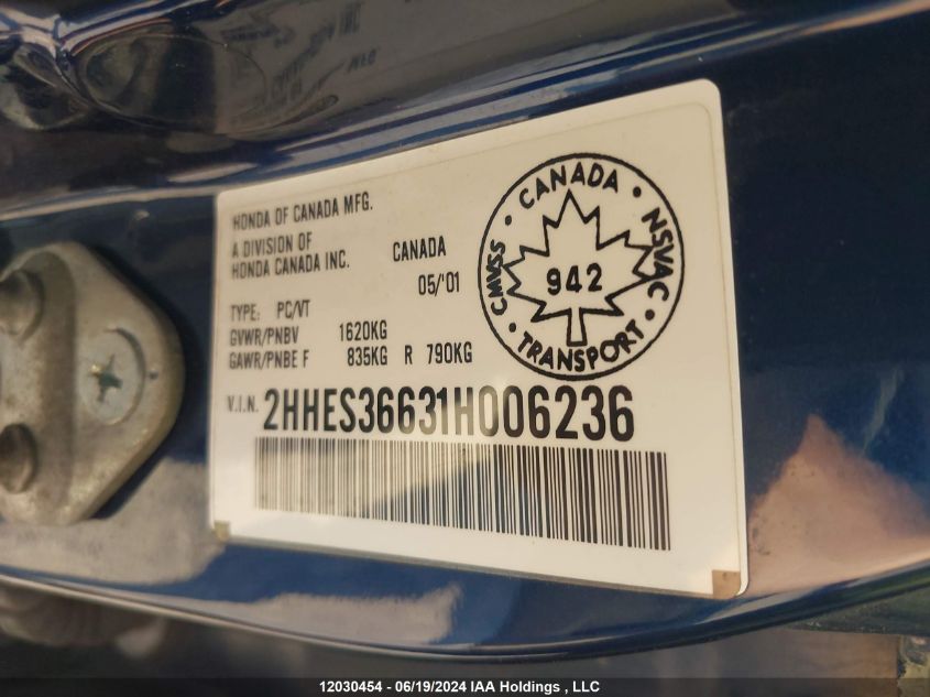 2001 Acura El VIN: 2HHES36631H006236 Lot: 12030454