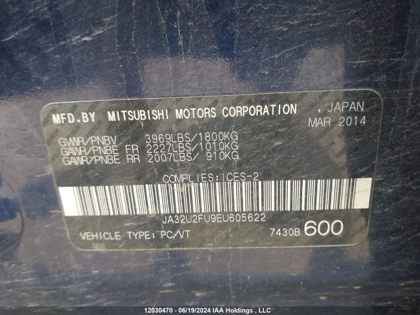 2014 Mitsubishi Lancer VIN: JA32U2FU9EU605622 Lot: 12030470