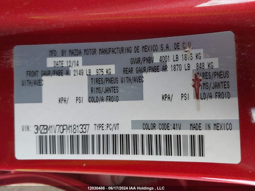 2015 Mazda Mazda3 VIN: 3MZBM1V70FM181337 Lot: 12030488