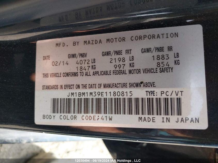 2014 Mazda 3 Grand Touring VIN: JM1BM1M39E1180815 Lot: 12030494