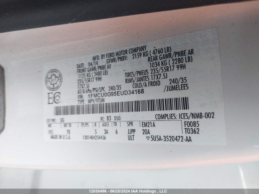 2014 Ford Escape Se VIN: 1FMCU0G95EUD34168 Lot: 12030496