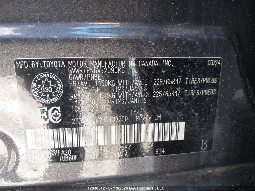 2024 Toyota Rav4 Le VIN: 2T3B1RFV2RC433200 Lot: 12030512