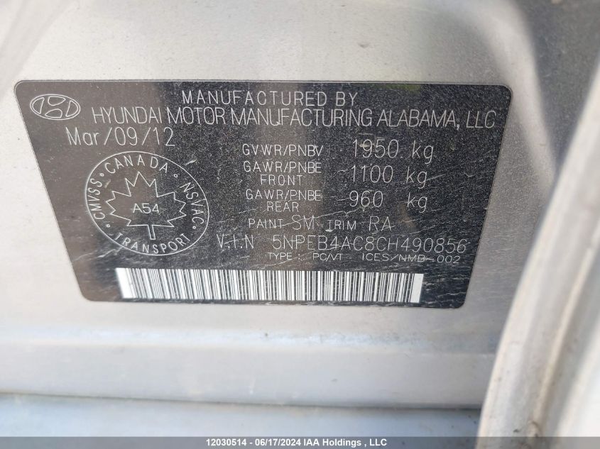 2012 Hyundai Sonata Gls VIN: 5NPEB4AC8CH490856 Lot: 12030514