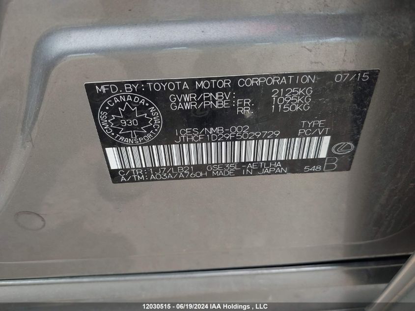 2015 Lexus Is 250 VIN: JTHCF1D29F5029729 Lot: 12030515