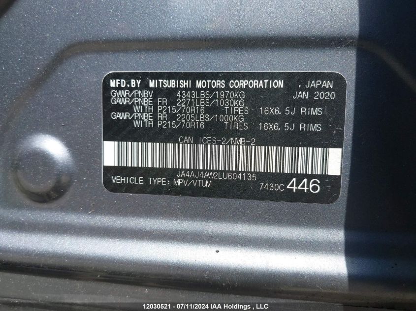 2020 Mitsubishi Rvr VIN: JA4AJ4AW2LU604135 Lot: 12030521