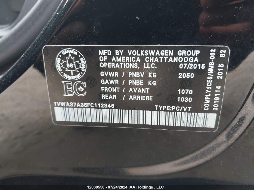 2015 Volkswagen Passat VIN: 1VWAS7A35FC112846 Lot: 12030550