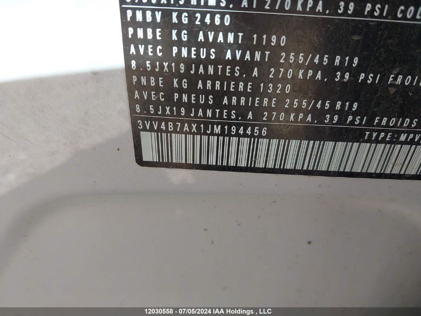 2018 Volkswagen Tiguan Sel Premium VIN: 3VV4B7AX1JM194456 Lot: 12030558