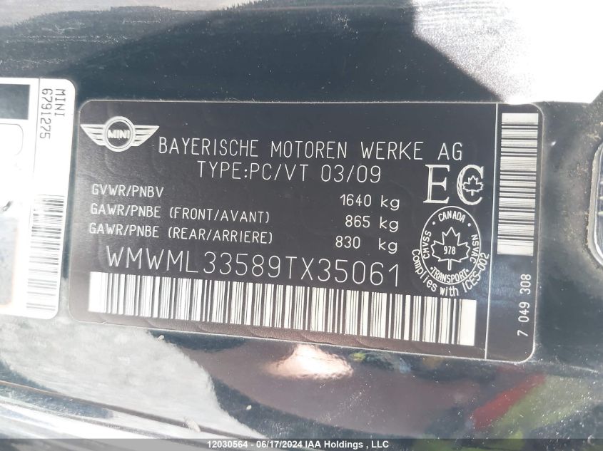 2009 Mini Cooper Clubman VIN: WMWML33589TX35061 Lot: 12030564