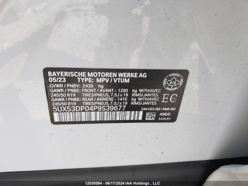 2023 BMW X3 VIN: 5UX53DP04P9S39677 Lot: 12030594