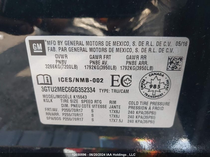 2016 GMC Sierra 1500 VIN: 3GTU2MEC6GG352334 Lot: 12030596