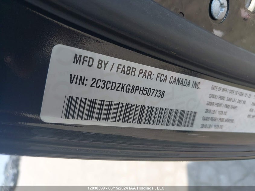 2023 Dodge Challenger Gt Awd VIN: 2C3CDZKG8PH507738 Lot: 12030599