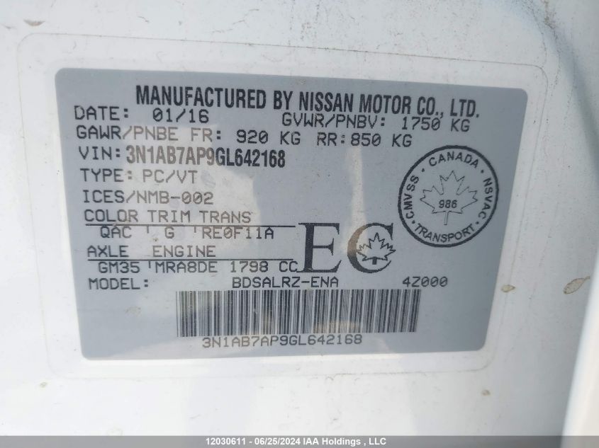 2016 Nissan Sentra VIN: 3N1AB7AP9GL642168 Lot: 12030611