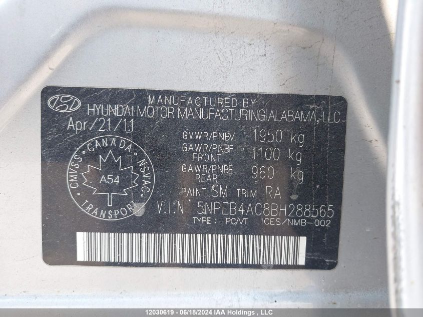 5NPEB4AC8BH288565 2011 Hyundai Sonata Gls