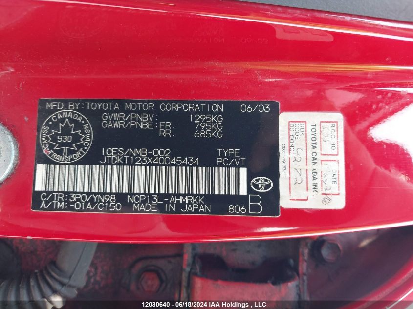 2004 Toyota Echo VIN: JTDKT123X40045434 Lot: 12030640